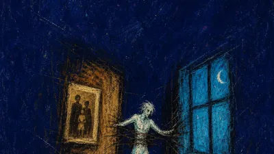 A suspended figure in a dark hallway between a glowing old photo and a cold window, sepia split by cyan light