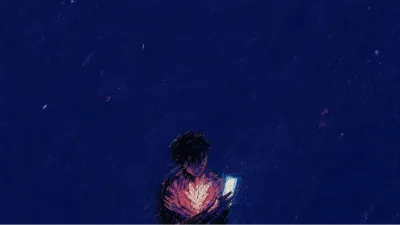 A suspended figure by dark water with arms crossed over the chest, warm phone light split by cold blue-black shadows