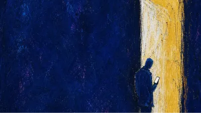 A figure at a lit doorway, phone glowing in hand, warm gold blocked by cold blue space and a thin fractured threshold