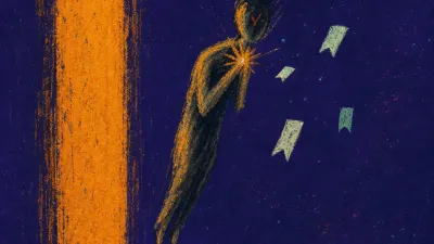 A suspended figure between an open doorway and a weighted floor, throat marked by amber tension against cold green shadow