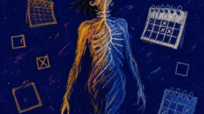A suspended figure above unopened paths, crossed arrows and blank calendars lit by cold blue and amber fractures.