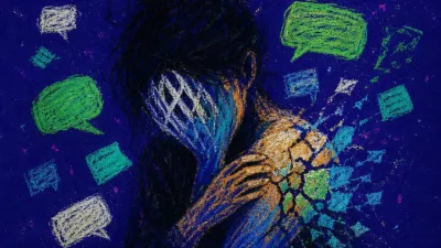A figure pinned at a dark kitchen table by glowing message bubbles and task notes, warm skin fractured into cold blue.