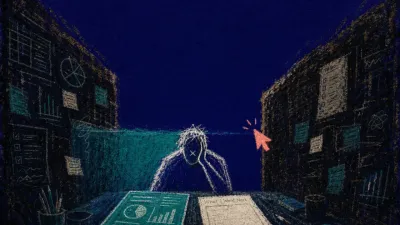 A figure in a windowless office between a polished teal presentation and a blank coral-lit document, walls closing inward.