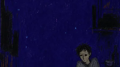 A figure in a doorless midnight kitchen, one hand above a glowing phone as warm amber meets a pressing indigo edge.