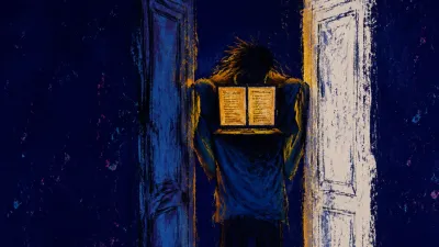 A figure in a narrow room between opaque doorways, amber laptop light across raised shoulders against indigo and white.