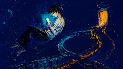 A floating figure in a looping corridor holds a cyan-lit phone, with an unopened amber doorway ahead.