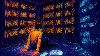 A seated figure in a doorless dark room, one phone message repeated on four walls, amber light against cold cyan.
