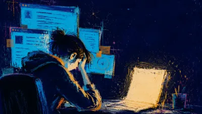 A seated figure surrounded by cyan browser windows, with a blank amber document glowing at the center of a dark room.
