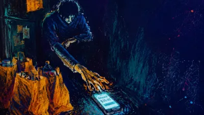 A figure enclosed in a dark kitchen between lined-up grocery bags and a phone, one hand suspended in amber and teal light.