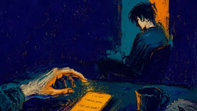 An enclosed figure sits in a doorless room, one hand frozen above a glowing phone as amber light meets cold teal shadow.