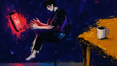 Suspended Between Spark and Shelter A figure floats above an indigo-divided floor, between a red-lit phone and an amber table holding an untouched mug.