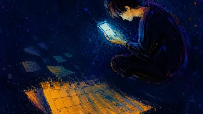 A suspended figure above a dark waiting room, phone showing an ellipsis over undated pages, amber fading into blue-black