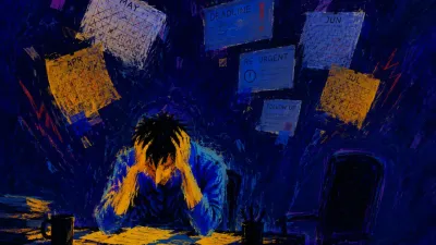 A figure pinned at a desk by an invisible weight, shoulders beneath floating calendars, warm amber light against cold indigo