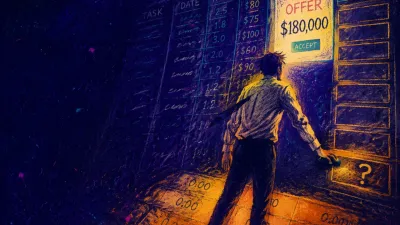 A figure enclosed by spreadsheet columns before a bright offer screen, blank floor cells fading from amber into indigo.