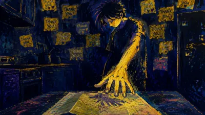 Figure in a windowless dark kitchen, thank-you notes crowding the walls, a hand above a gold map fading into indigo.