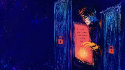 Words Waiting for a Life A figure between glass walls holds a lit phone, one hand above the send icon, coral light against midnight-blue space.