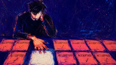 A figure sits in a dark doorless room, calendar tiles circling the desk and a blank square beneath an open hand.