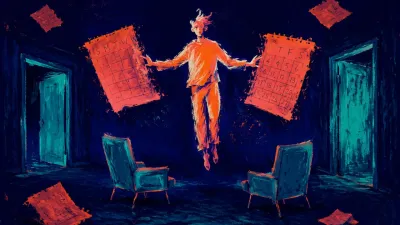 A figure floats above facing chairs as coral calendar pages drift toward opposite teal doorways in a dark room.
