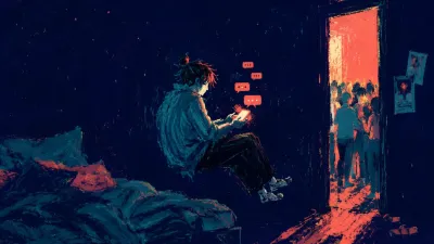 A hovering figure between an unmade bed and a bright doorway, coral phone light meeting a deep teal shoulder shadow.