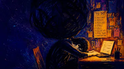 A figure pinned beneath a dark ceiling in a blue-lit office, laptop nearby, amber light fading into indigo.