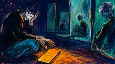 A figure in a doorless mirrored room, hand hovering over a glowing phone as amber light fades into cold teal shadow.