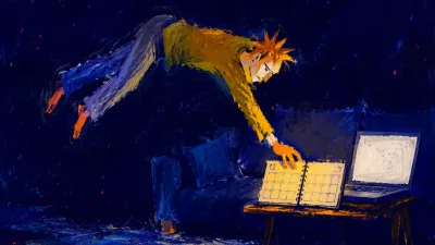 A floating figure above a sofa, fingertips on an open calendar, amber light fading into indigo beside a white laptop screen.