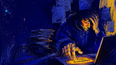 Figure at a desk facing a glowing final-submit button, stacked pages behind, warm amber set against indigo space.