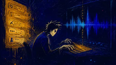 Seated figure in a dark doorless room, hands above a keyboard between amber message text and an indigo audio waveform.
