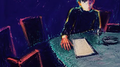 A figure sits in a doorless dining room, one hand beside a blank menu, with coral light meeting cold teal-grey shadows.