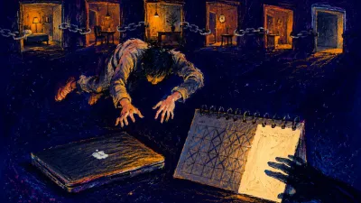 A suspended figure above a closed laptop and cleared calendar with a blank next page, warm amber ending against cold indigo