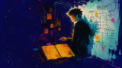 Figure in a dark doorless meeting room between an open notebook and whiteboard, amber light meeting cyan at one shoulder.