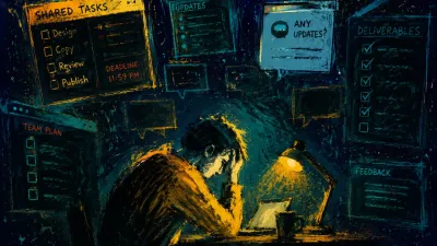 Every Outcome Becomes Yours A figure enclosed by floating checklists and blank message windows, amber-lit shoulders against cold teal-black shadow.
