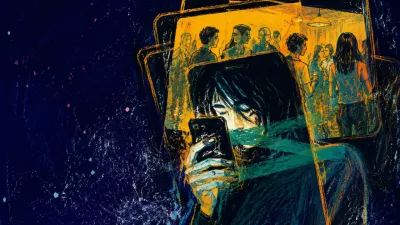 Figure enclosed by overlapping amber phone-screen frames, holding a dark phone as teal bands line the shoulders in dark space