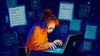 Enclosed by What Needs Doing A seated figure enclosed by glowing screens and task lists, hands over a keyboard, amber edges against cold teal.