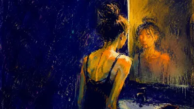 Figure in a narrow restroom faces a steam-divided mirror, one shoulder between amber reflection and indigo shadow.