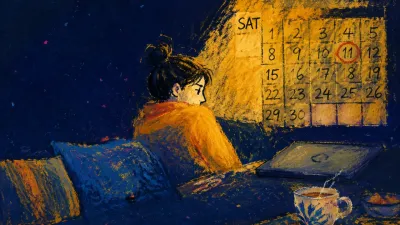 An enclosed figure on a Saturday sofa, boxed by calendar grids, with a closed laptop and cooling tea in gold and blue light.