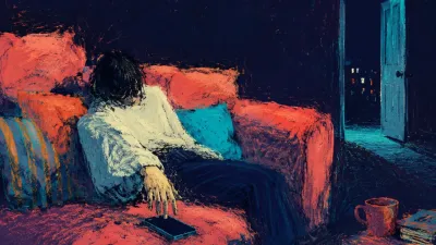 A seated figure enclosed by layered sofa cushions, one hand above an unlit phone, warm coral meeting deep charcoal.