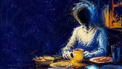 A hollow figure at a full kitchen table, hands beside a steaming cup, amber light stopping at the torso against cold blue.