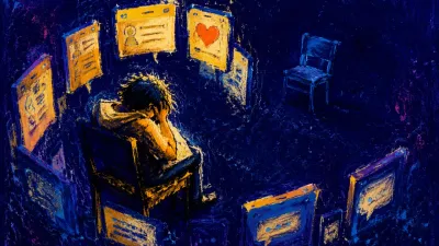 A seated figure enclosed by glowing screens, amber shoulders against a frozen chair, with an empty chair in indigo space.