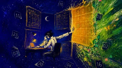 A seated figure enclosed by glowing calendar frames, shoulders against amber grids, one hand hovering over indigo date tiles