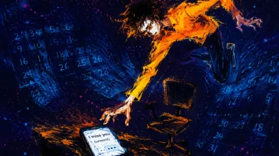 A figure suspended above a desk chair beside an unsent message, amber light halted by indigo calendar shadows.