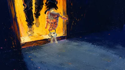 A fully dressed figure floats above an apartment threshold, silver keys on an open palm, amber light against blue-grey.