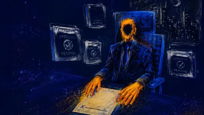 A hollow figure in a high-backed chair, hands beside an unsigned page, amber light held inside cobalt grids and white screens