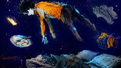 A figure hovers above an unmade bed as a lit phone, untouched plate, and unfolded laundry drift in amber and cold cyan.