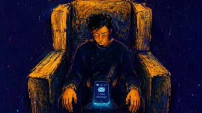 A seated figure enclosed by a stone chair, still hands beside a phone displaying an unopened message, amber edged by indigo.