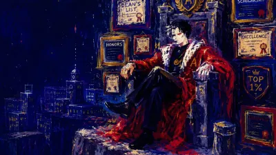 A figure sits on a high stone throne ringed by credential frames, ceremonial red pressed against a cold indigo void.