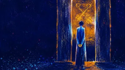 A figure stands between dark pillars, hands still, with amber crossed keys beyond a clear indigo threshold.