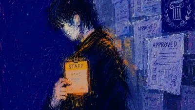 A figure in a dark doorless hall holds a badge with a fading name while grey walls press inward in amber and indigo.