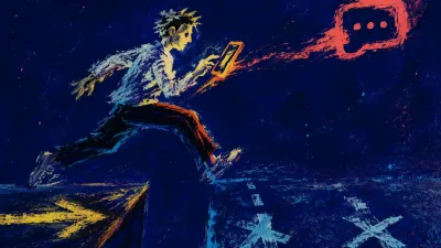 A figure suspended mid-stride over an unfinished threshold, a coral phone glow stretching ahead into deep indigo space.
