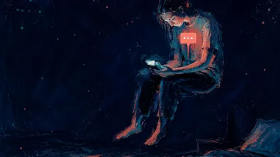 A figure hovers above a bedroom floor, an unanswered phone glowing in open hands, coral pressed against midnight teal.